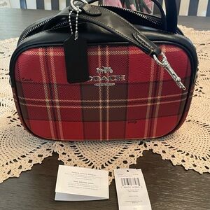 Coach NWT Jamie Camera Bag in Tartan Plaid Print Red/Black Mult